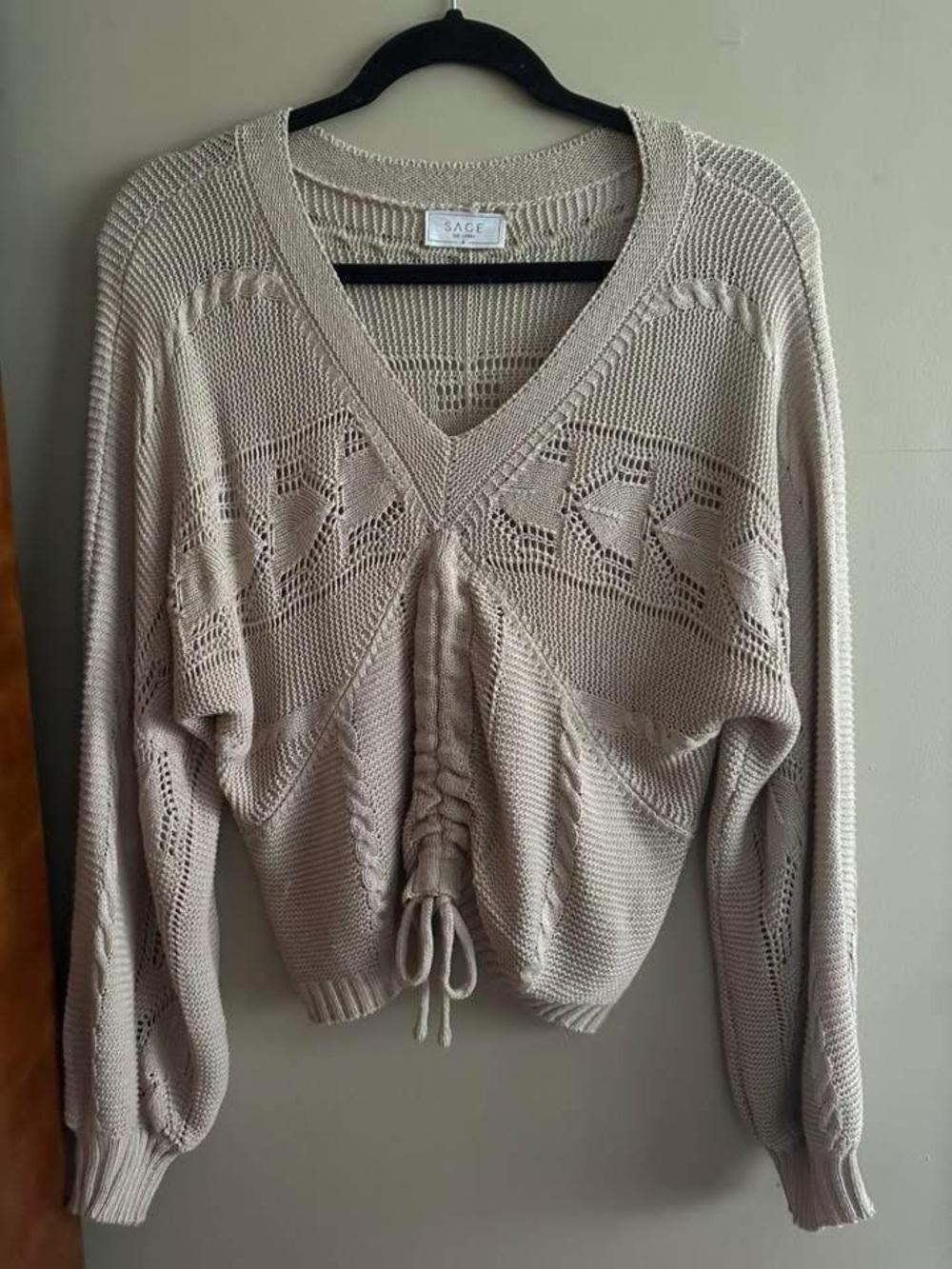 Sage Beige Lace-Up V-Neck Openwork Knit Sweater
